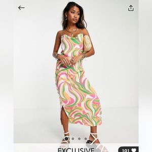 Only Exclusive by ASOS Cowl Neck Low Back Satin Midi Dress in Swirl Print